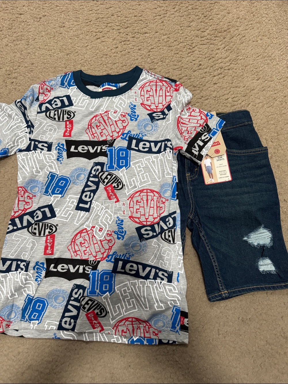 Levi's Grey Tee with Red & Blue Graphic Logos w/Denim Shorts